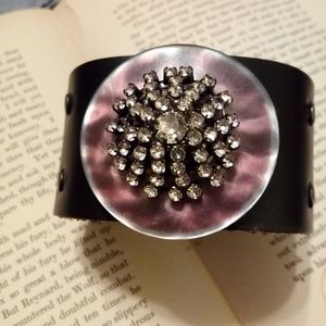 Boho leather and rhinestone statement bracelet